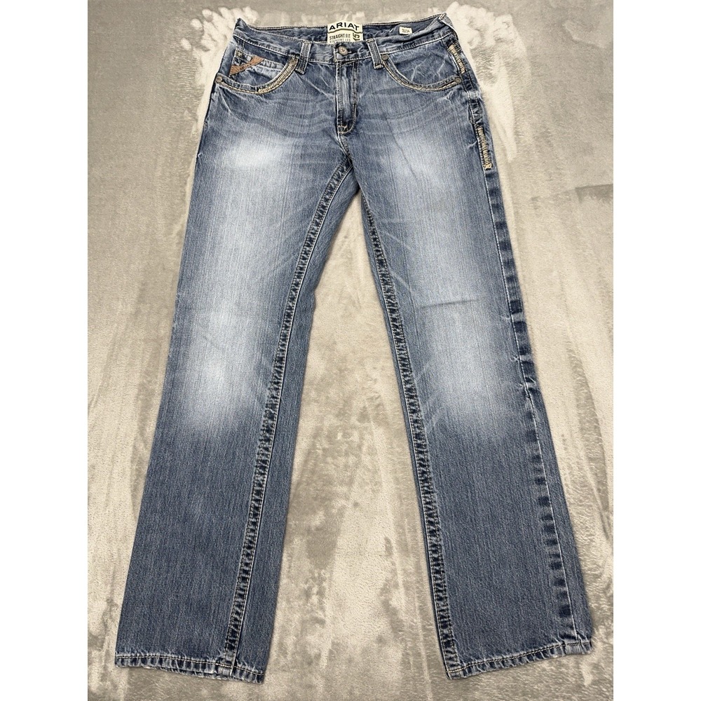 Ariat M5 Jeans Mens 30x34 Straight Leg Blue Denim Whiskers Western Cowboy Rodeo